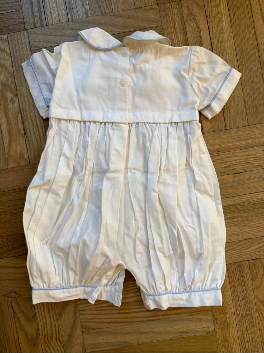 New White Baby Bubble Romper with Embroidered Blue Smocked Sailboats
